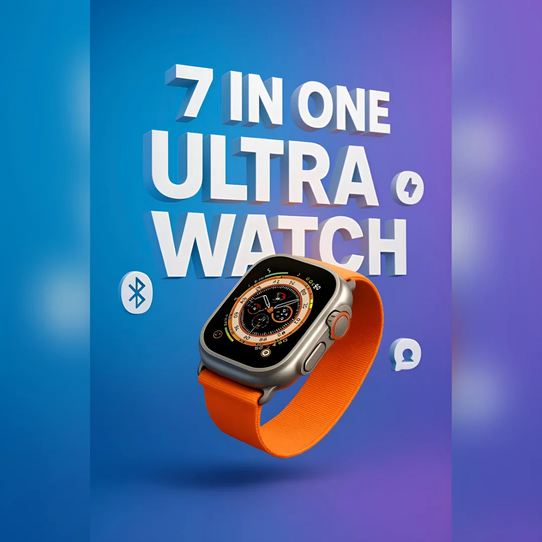 [7-in-1] Ultra Smart Watch Bundle – 4 Straps + A9 LCD Earbuds